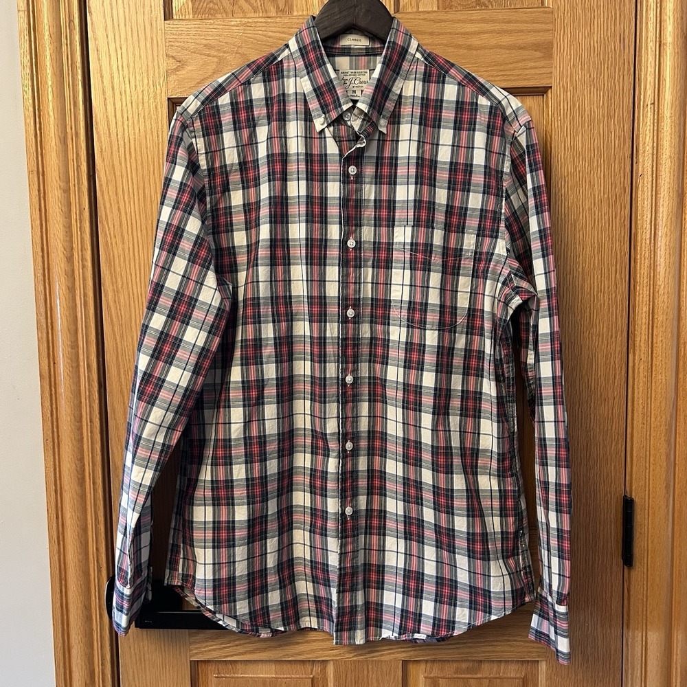 J Crew Shirt Mens Medium Plaid Classic Fit Organic Cotton Secret Wash Stretch
